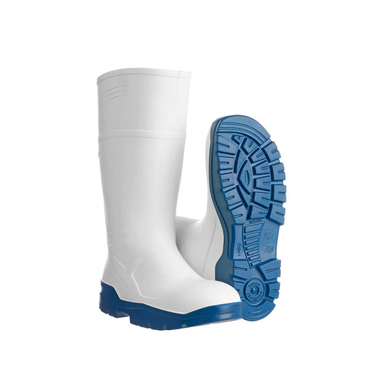 White PU food wellington boot with reinforced toe and easy-clean waterproof construction.