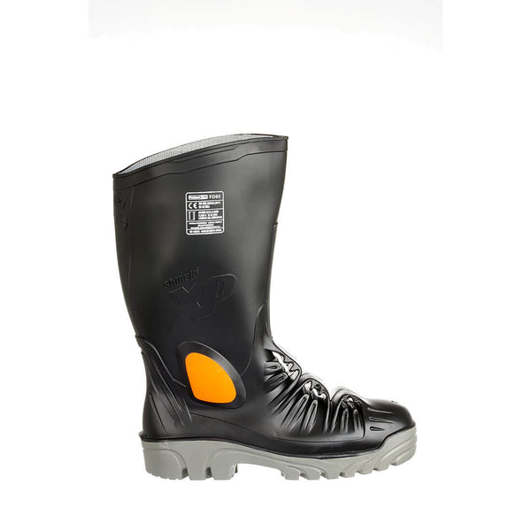 Black MettaMax safety wellington with metatarsal guard and rugged tread for heavy-duty work.
