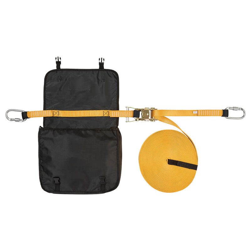 Yellow 20m temporary horizontal lifeline with secure hooks for fall protection on worksites.