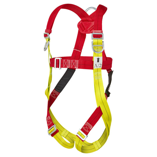 Red two-point plus safety harness featuring extra padding and quick-release buckles.