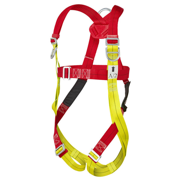 Red two-point plus safety harness featuring extra padding and quick-release buckles.