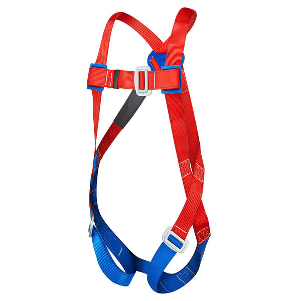 Red one-point safety harness with adjustable straps for reliable fall arrest.