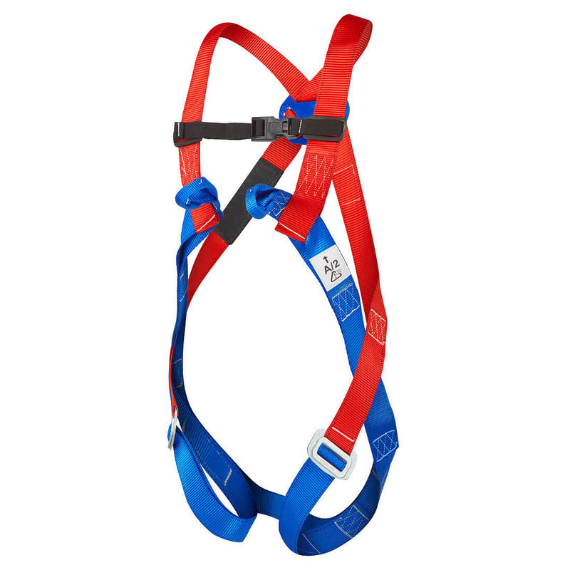 Red two-point safety harness with secure buckles and adjustable straps for fall protection.