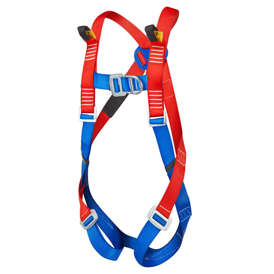 Red two-point safety harness with dorsal and chest attachment points for secure fitting.