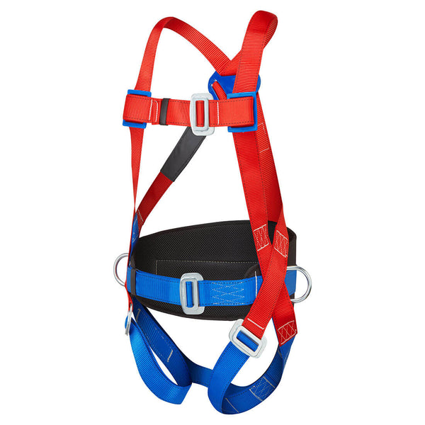 Red comfort harness with two attachment points and ergonomic padding for extended use.