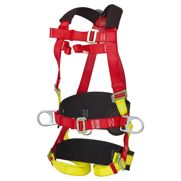 Red comfort plus harness with three attachment points and cushioned support.