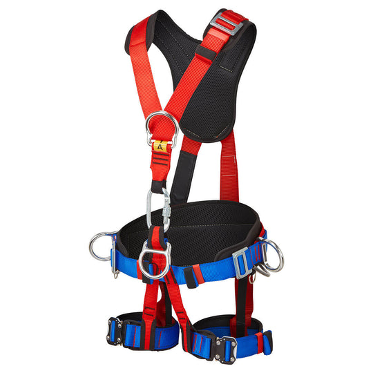 Red four-point comfort plus harness for maximum safety and adjustability.