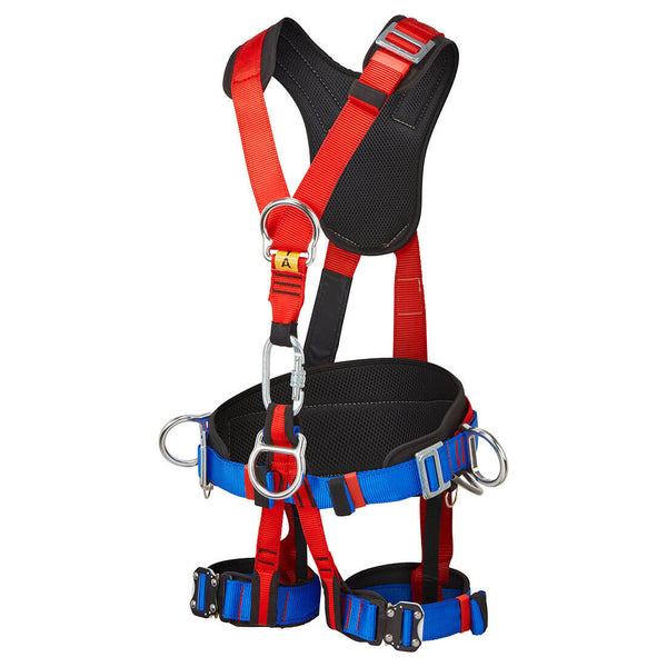 Red four-point comfort plus harness for maximum safety and adjustability.