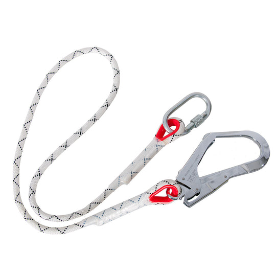 White kernmantle rope lanyard, 1.5 meters, with secure carabiner hooks.