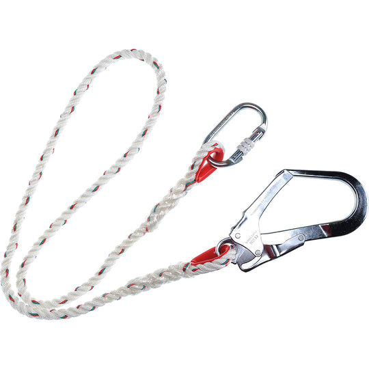 White single restraint lanyard, 1.5 meters, with secure hooks for fall prevention.