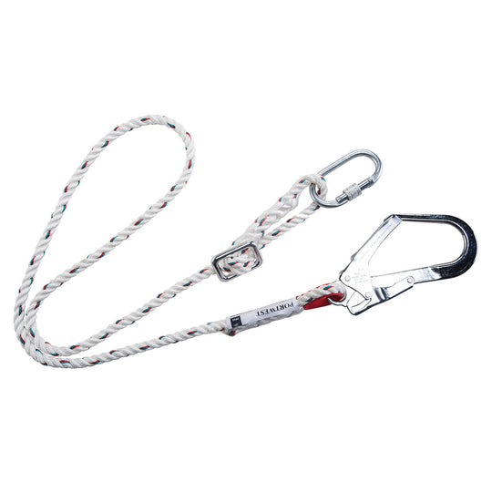 White adjustable restraint lanyard, 2 meters, designed for versatile fall arrest applications.