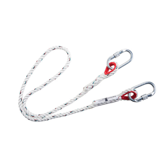 Single 1.5m rope restraint lanyard with secure hooks, designed for safety harness attachment