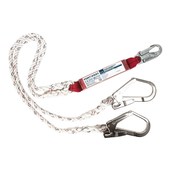 Double 1.8m lanyard with integrated shock absorber and dual hooks for fall protection