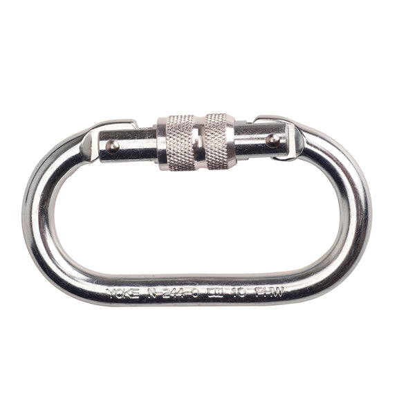 Screwgate carabiner with robust steel body for secure and reliable safety line connections