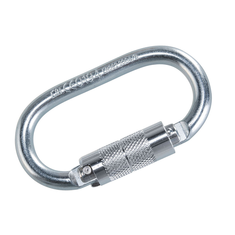 Steel twist lock carabiner offering enhanced safety for harness and tool attachment