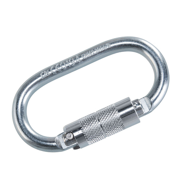 Steel twist lock carabiner offering enhanced safety for harness and tool attachment