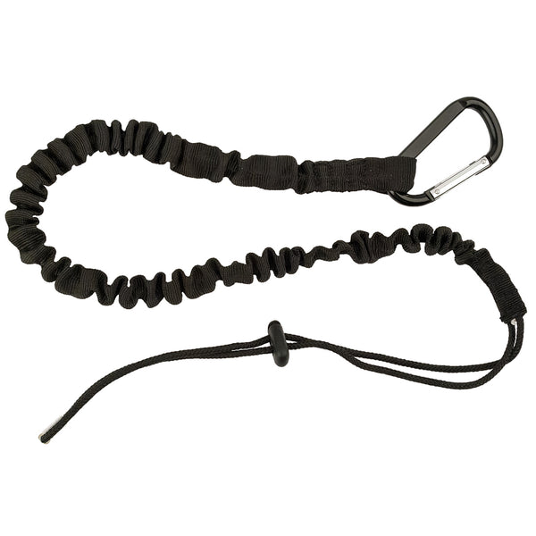 Black tool lanyard with elastic cord and secure clip for preventing tool drops at height