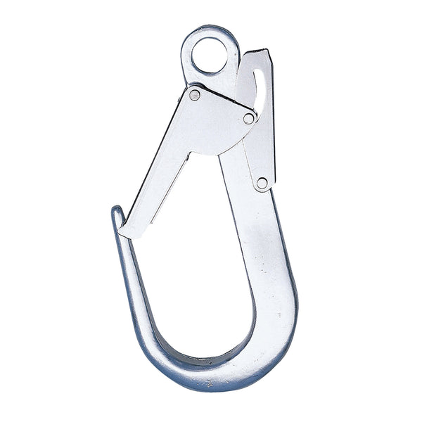 Large steel scaffold hook with safety latch for secure attachment to scaffolding structures