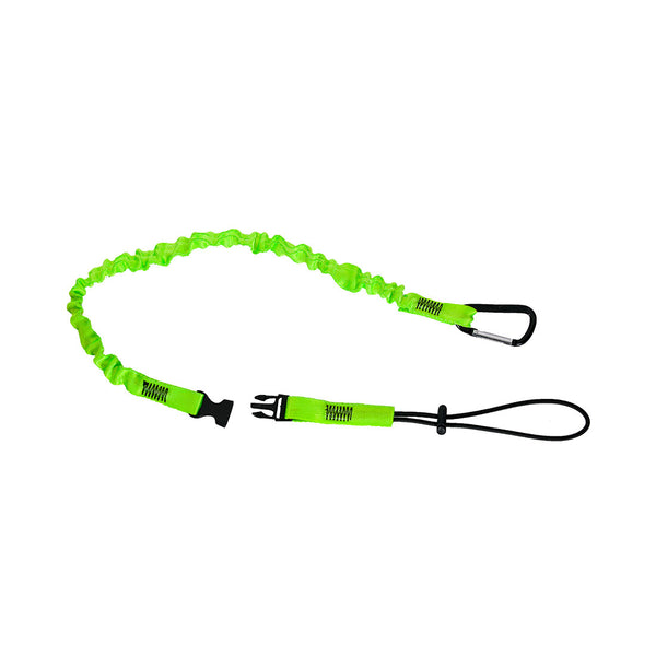 Green quick connect tool lanyard with easy-attach clip for securing tools during work