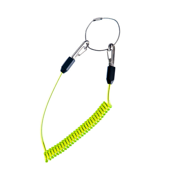 Green coiled tool lanyard with stretchable cord and secure fastening clip