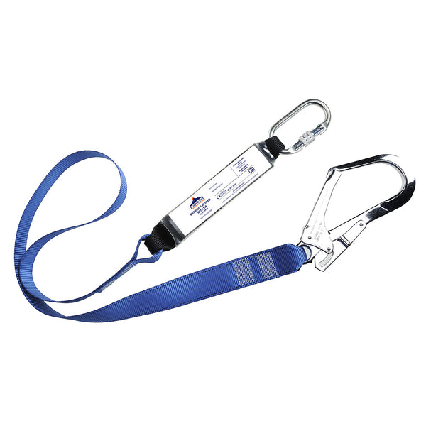 Single 1.8m webbing lanyard with integrated shock absorber and safety hook
