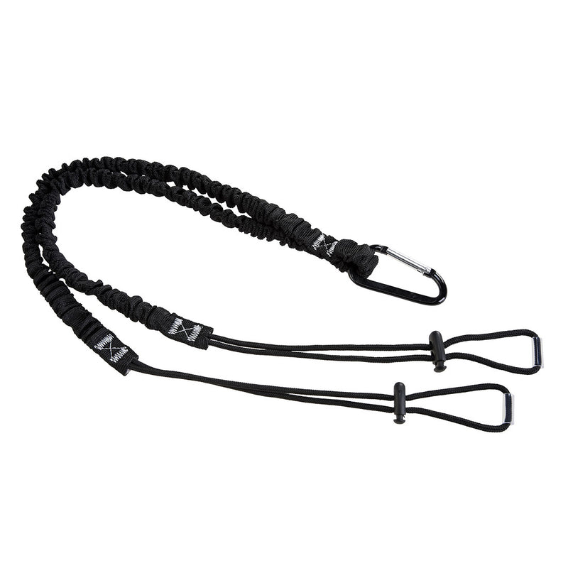 Black double tool lanyard with dual attachment points for securing multiple tools