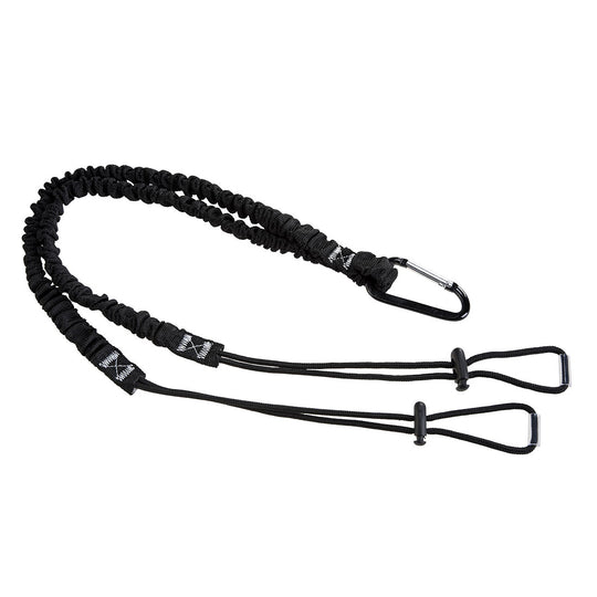 Black double tool lanyard with dual attachment points for securing multiple tools