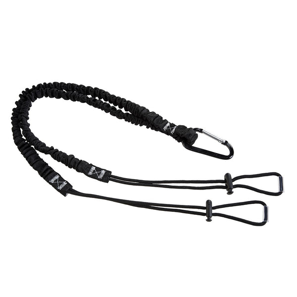 Black double tool lanyard with dual attachment points for securing multiple tools