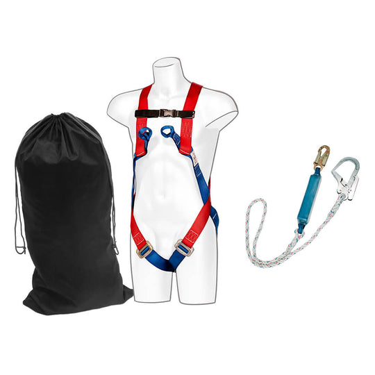 Complete fall arrest kit with harness, lanyard, and storage bag for worker safety