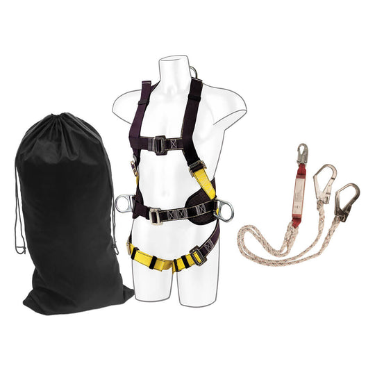 Scaffolding safety kit including harness, lanyard, and connectors for secure scaffold work