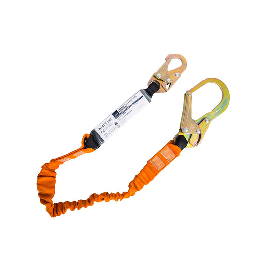 Portwest single lanyard (FP74) for fall protection, showing the shock absorber and metal hooks.