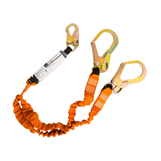 Double 1.8m lanyard rated 140kg with shock absorber and heavy-duty safety hooks