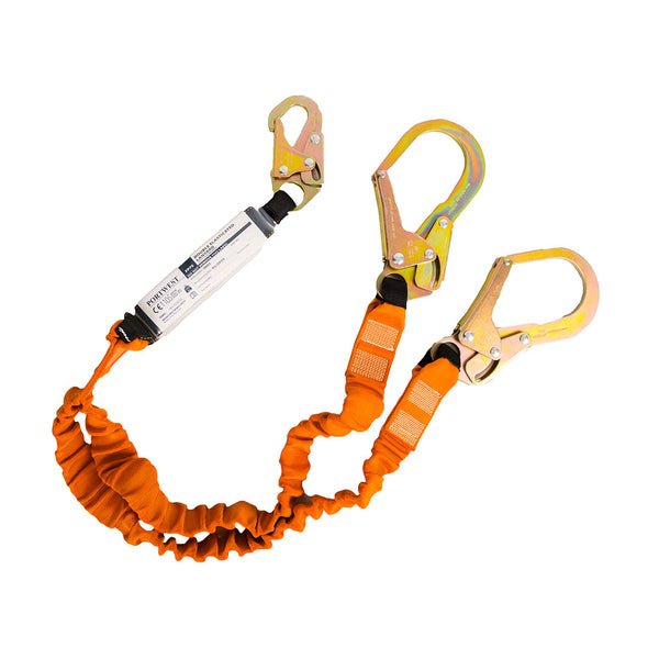 Double 1.8m lanyard rated 140kg with shock absorber and heavy-duty safety hooks