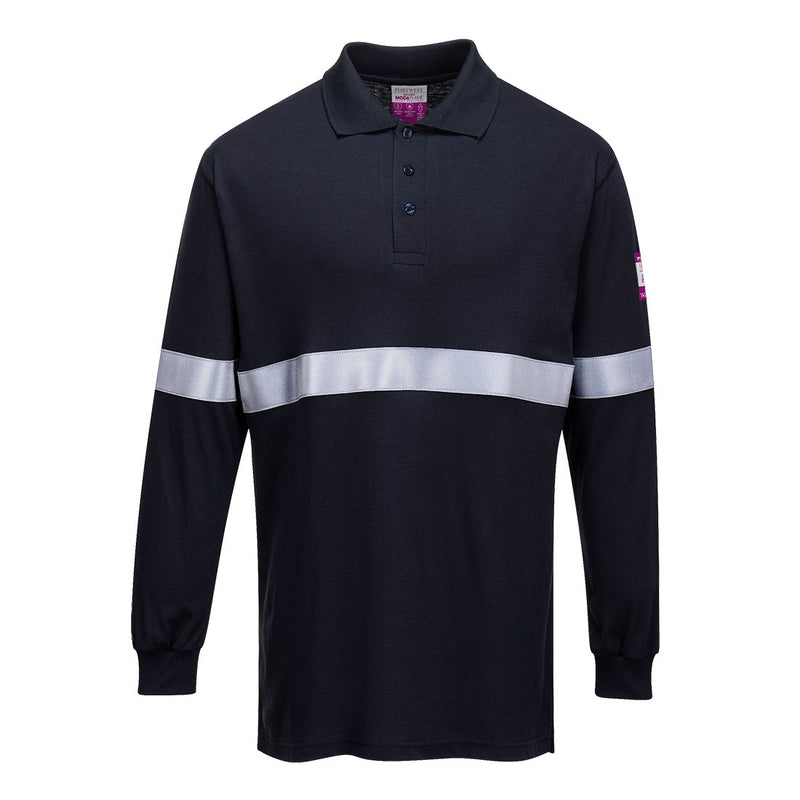 Navy flame-resistant anti-static long-sleeve polo shirt with reflective tape for safety.