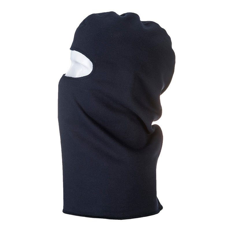 Navy blue Portwest FR Anti-Static Balaclava offering essential head and neck protection.