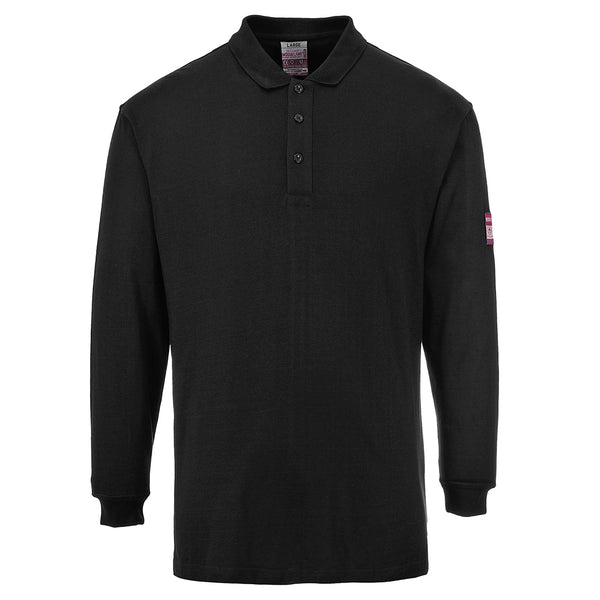Black flame-resistant anti-static long-sleeve polo shirt designed for protection.