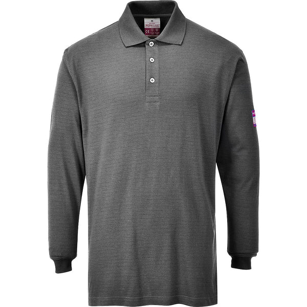 Green flame-resistant anti-static long-sleeve polo shirt offering safety and comfort.