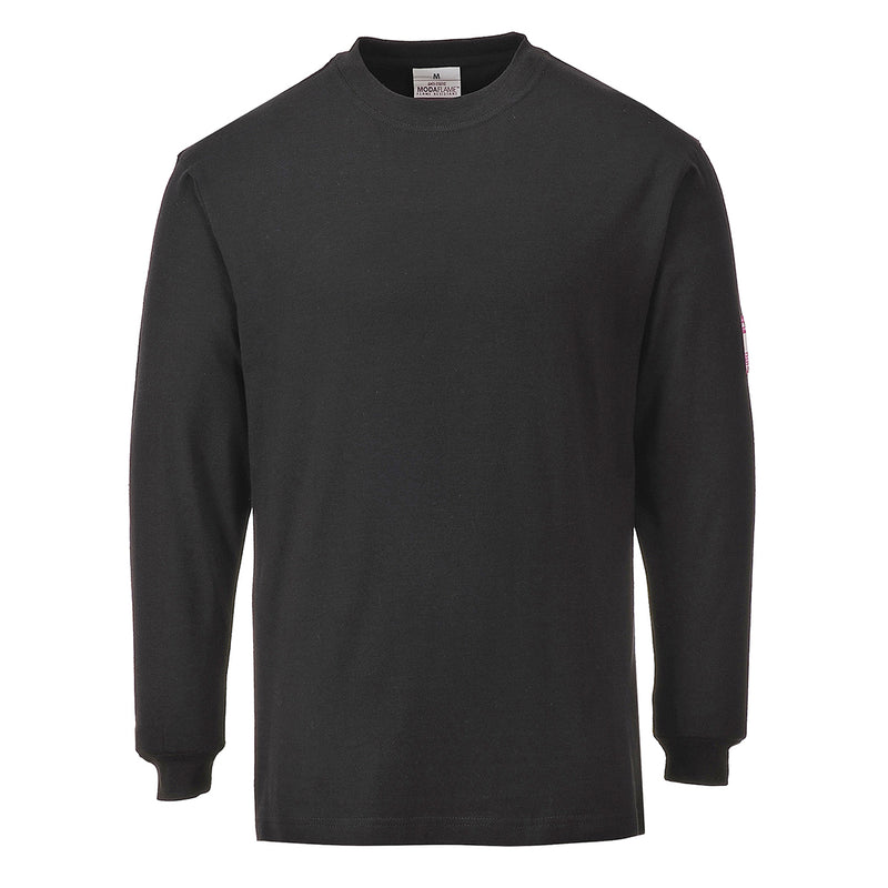 Black flame-resistant anti-static long-sleeve t-shirt for ultimate safety and comfort.