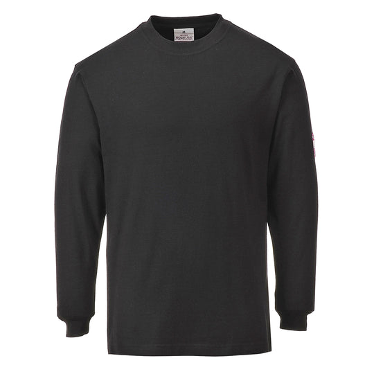 Black flame-resistant anti-static long-sleeve t-shirt for ultimate safety and comfort.