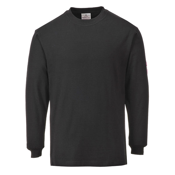 Black flame-resistant anti-static long-sleeve t-shirt for ultimate safety and comfort.
