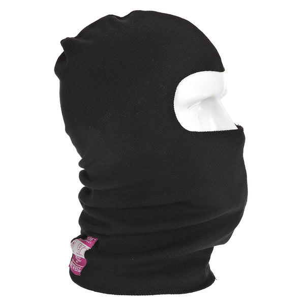 Black flame-resistant anti-static balaclava providing comprehensive head and neck protection.