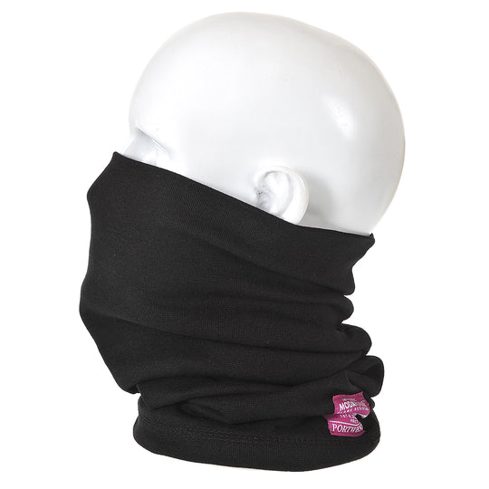 Black flame-resistant anti-static neck tube providing compact and effective neck protection.