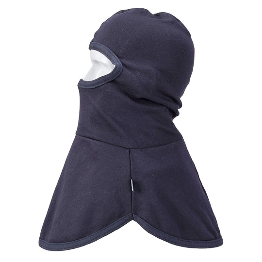 Navy flame-resistant anti-static balaclava hood for comprehensive head and face protection.