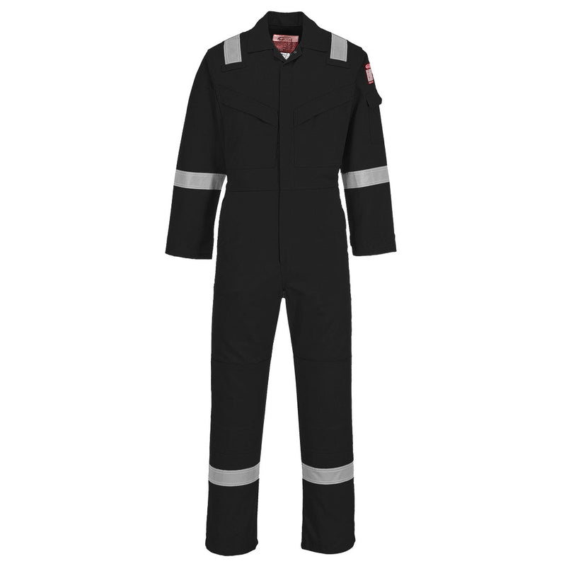 Black flame-resistant super lightweight anti-static coverall 210g for comfort and protection.