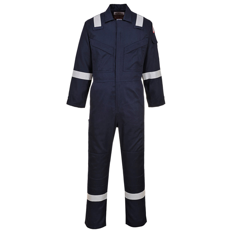 Navy flame-resistant super lightweight anti-static coverall 210g for industrial safety.