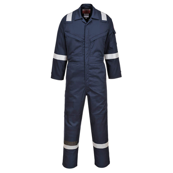 Navy insect-repellent flame-resistant coverall providing dual protection from hazards.
