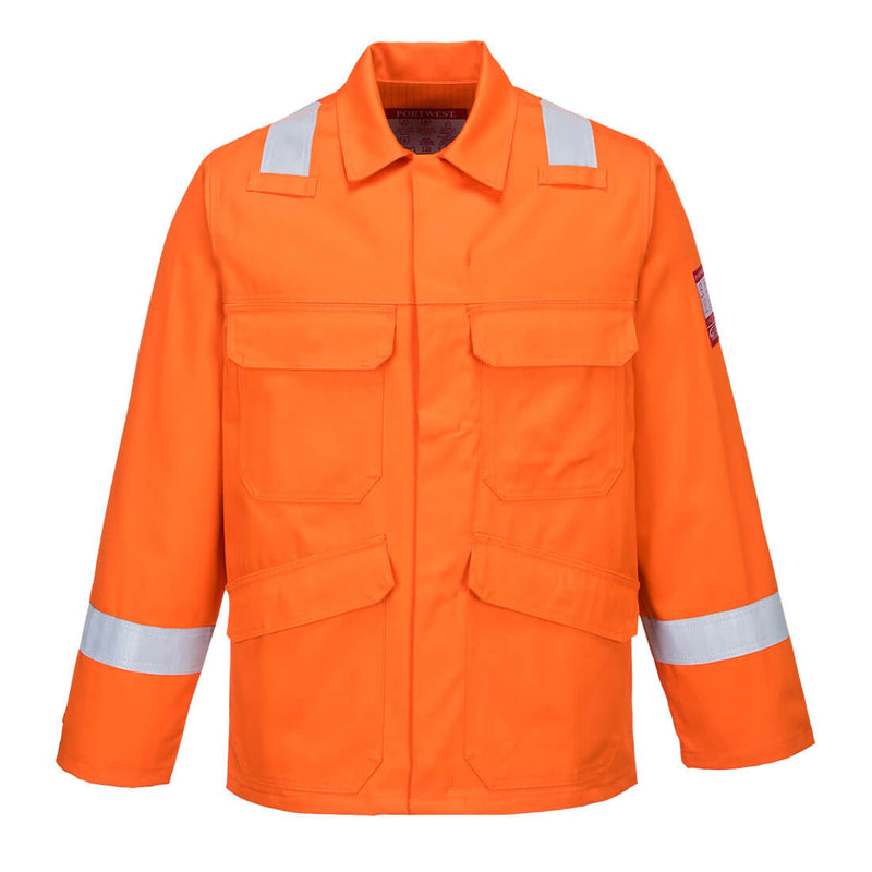 Orange Portwest Bizflame Plus Jacket providing robust protection in hazardous environments.