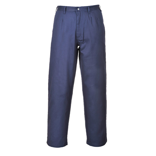 Navy Portwest Bizflame Pro Trousers with knee pad pockets in a studio shot.