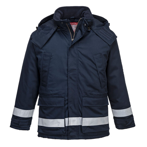 Navy Portwest FR Anti-Static Winter Jacket FR59 with quilt lining and dual hazard protection