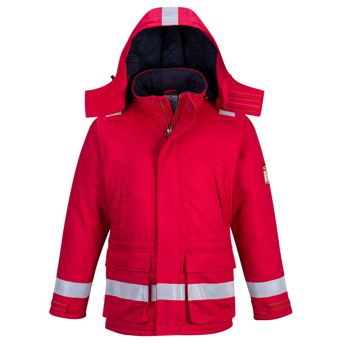 Red Portwest FR Anti-Static Winter Jacket FR59 offering dual protection and warmth